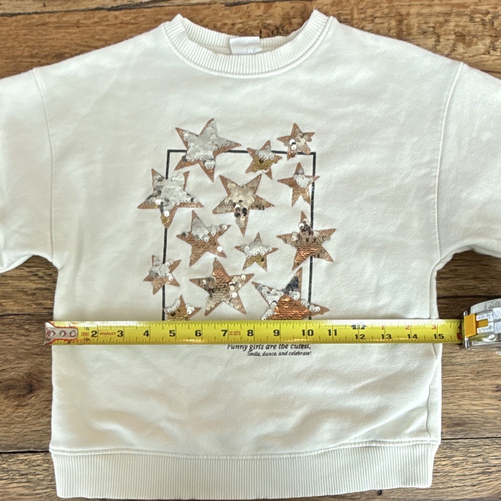 Zara Girls 8 White Crew Neck Pullover Sweatshirt Sequin Star Cotton Fleece - Picture 7 of 8